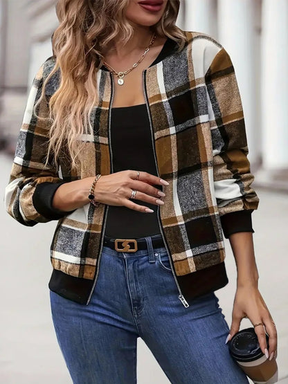 Plus Size Plaid Baseball Collar Zip Up Jacket-Angel Casuals