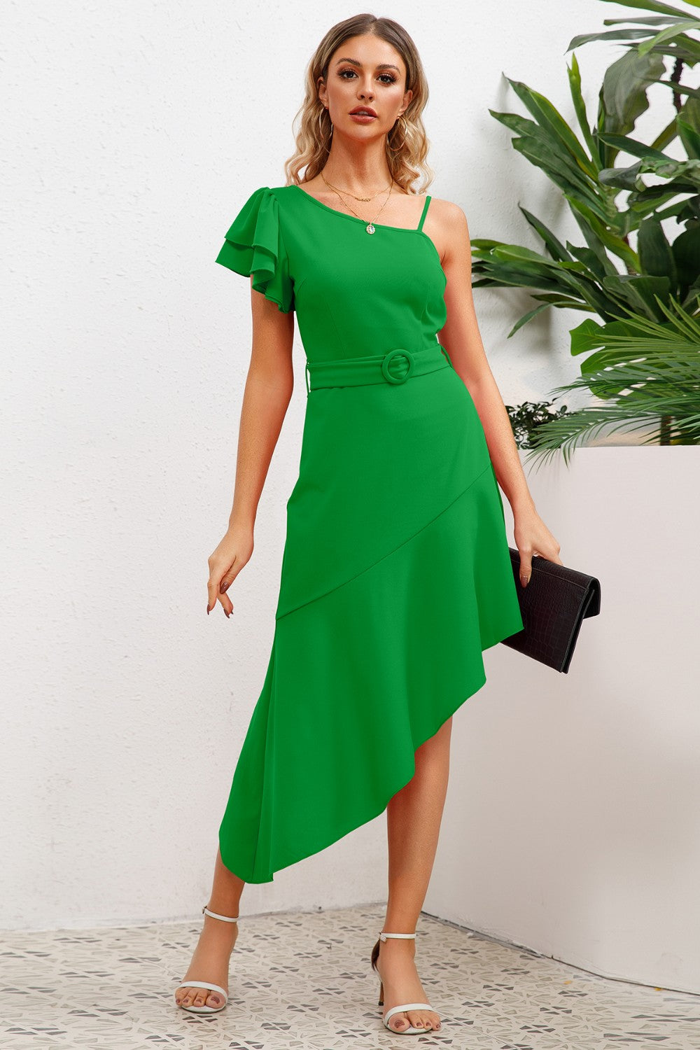 Ruffled Asymmetrical Neck Flutter Sleeve Dress-Angel Casuals