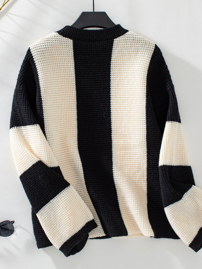 Color Block Round Neck Long Sleeve Sweater-Angel Casuals