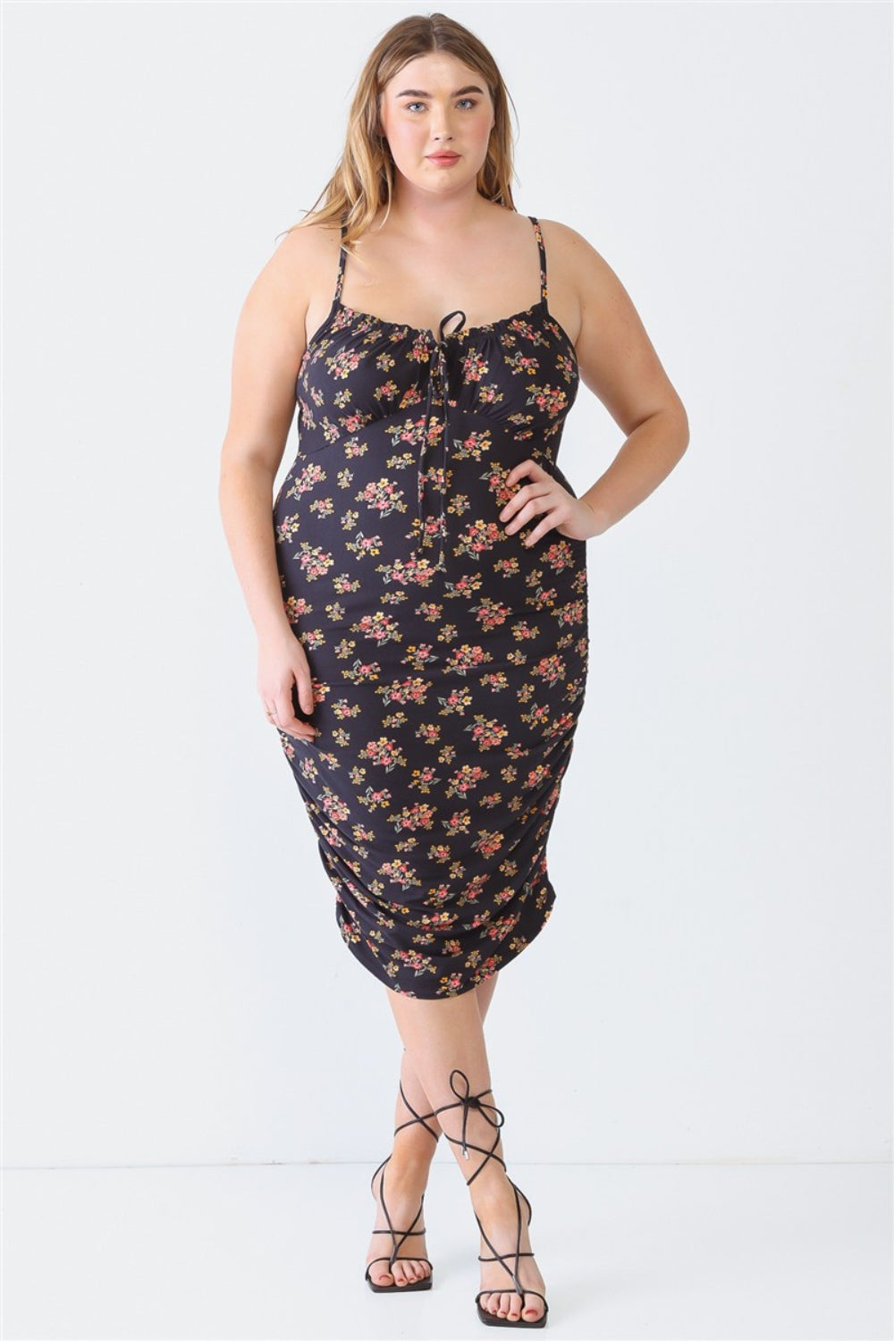 Blue Leopard Plus Size Ruched Floral Square Neck Cami Dress-Angel Casuals