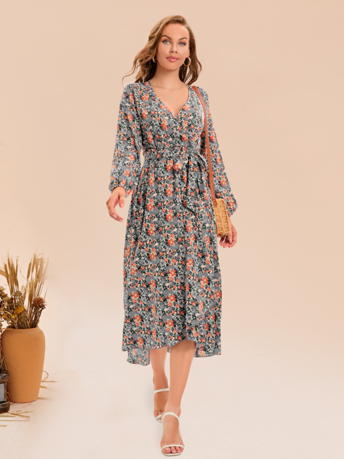 Full Size Printed Surplice Long Sleeve Dress-Angel Casuals