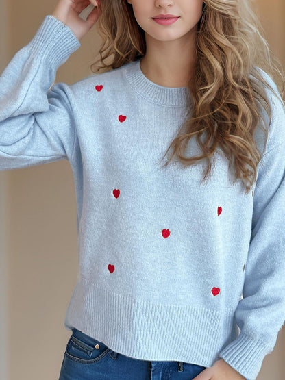 Heart Round Neck Long Sleeve Sweater-Angel Casuals