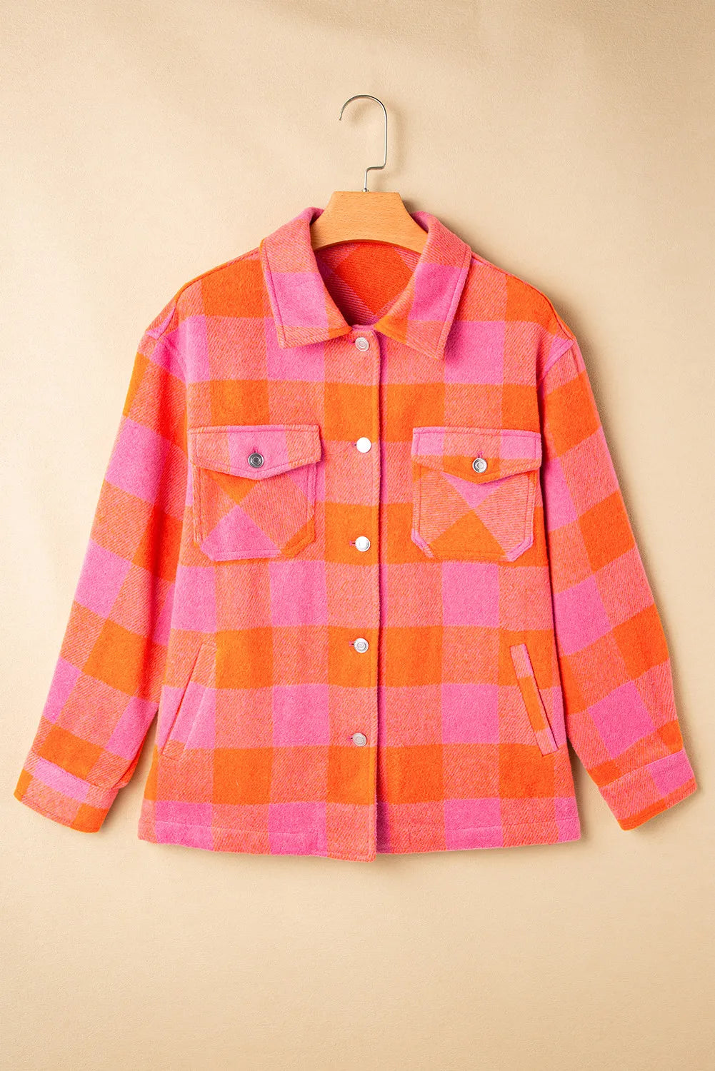 Color Block Plaid Button Up Long Sleeve Jacket-Angel Casuals