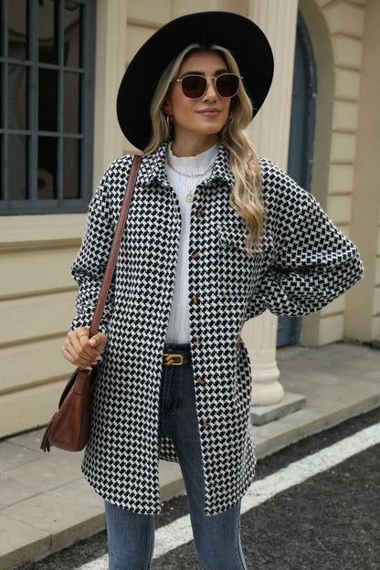 Houndstooth Button Up Dropped Shoulder Coat-Angel Casuals