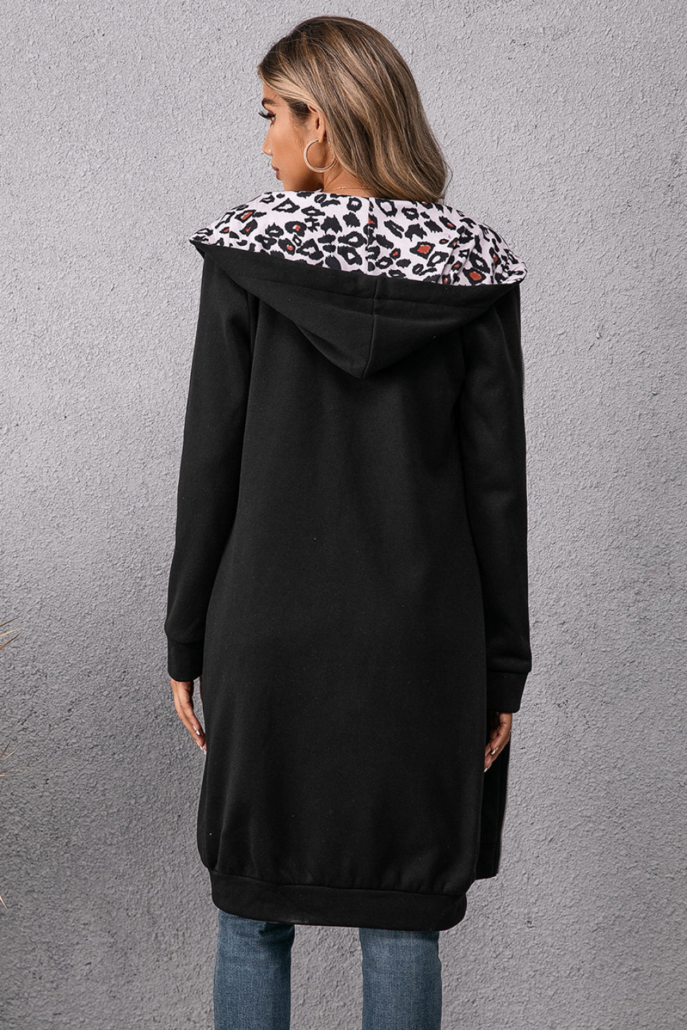 Leopard Spliced Drawstring Zip Up Hoodie Dress-Angel Casuals