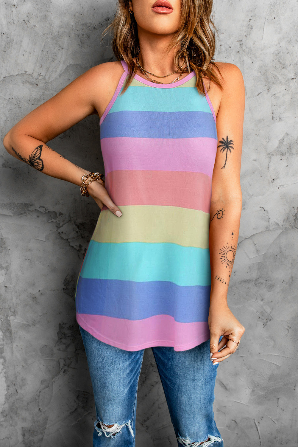 Striped Curved Hem Tank-Angel Casuals