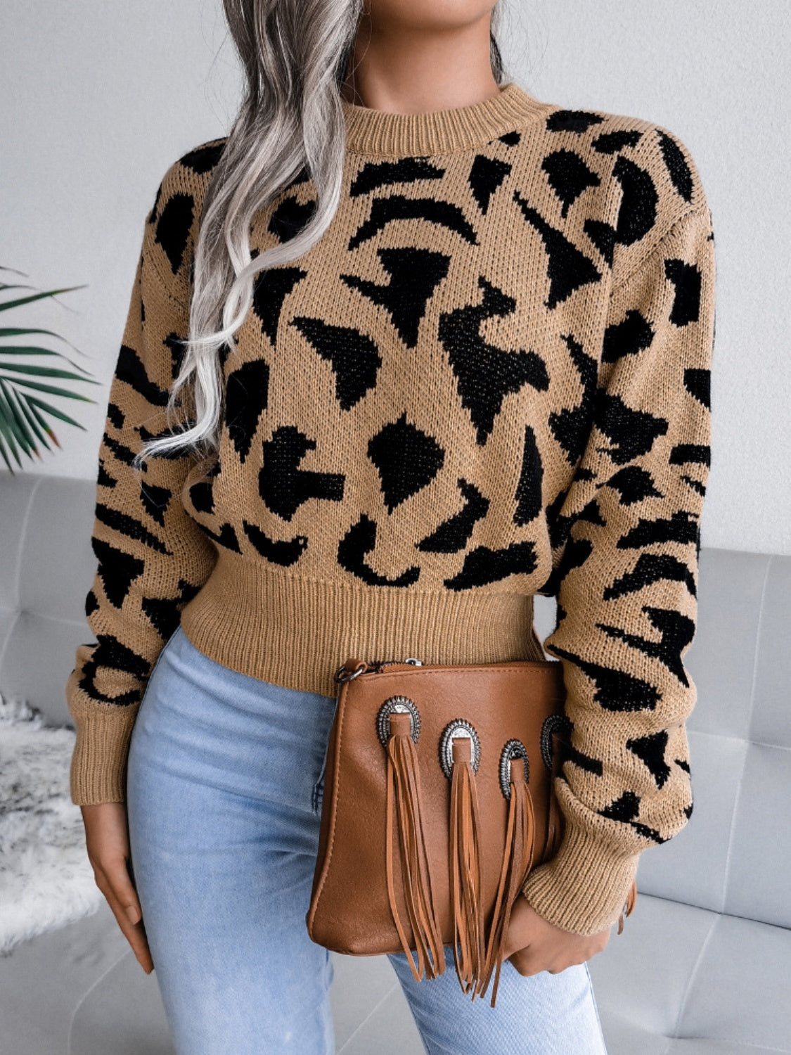 Leopard Round Neck Dropped Shoulder Sweater-Angel Casuals