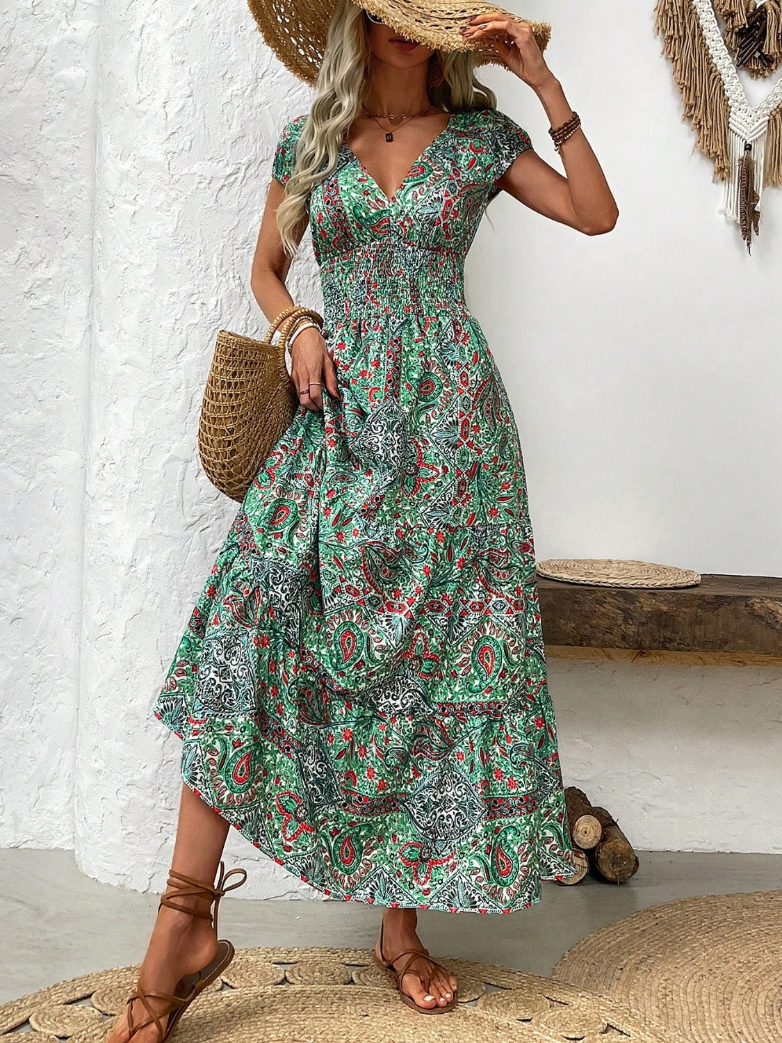 Smocked Printed Cap Sleeve Midi Dress-Angel Casuals