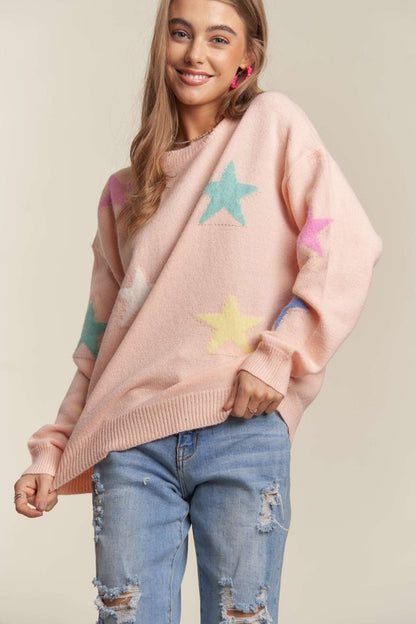 ADORA Stars Pattern Round Neck Drop Shoulder Sweater-Angel Casuals