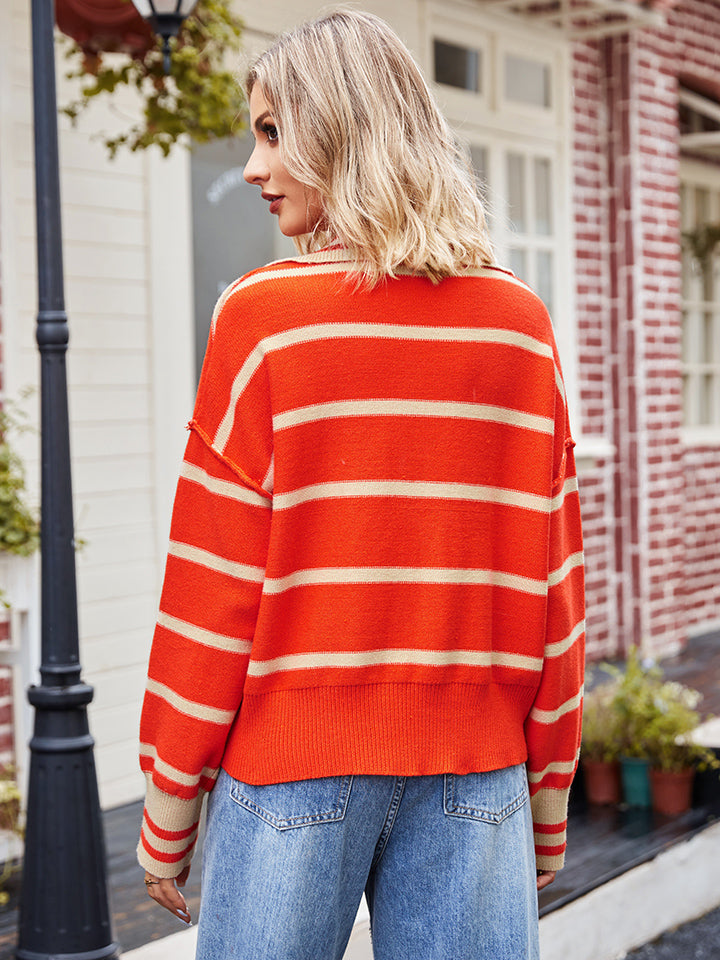 Striped Dropped Shoulder Notched Neck Knit Top-Angel Casuals