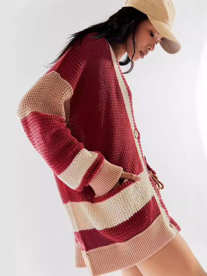 Pocketed Contrast V-Neck Long Sleeve Cardigan-Angel Casuals