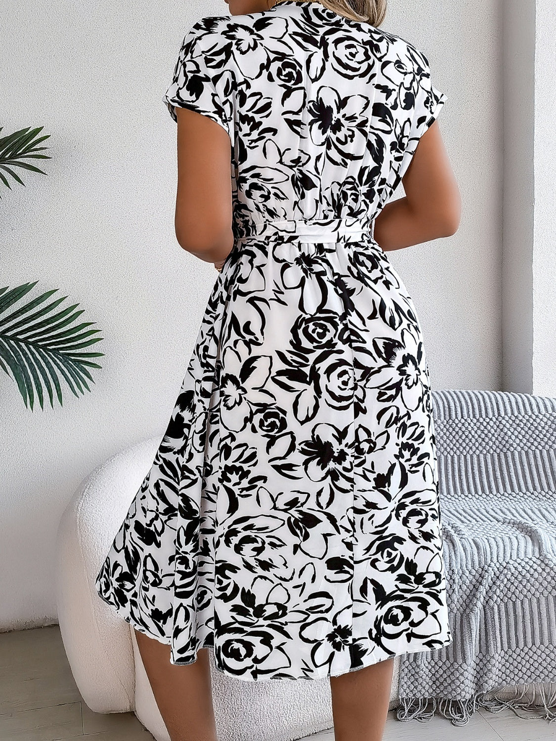 Printed V-Neck Short Sleeve Dress-Angel Casuals