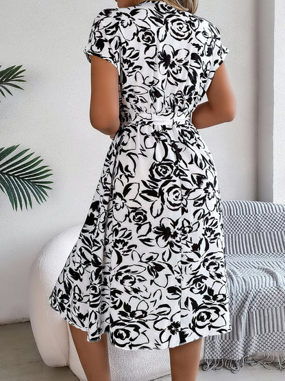 Printed V-Neck Short Sleeve Dress-Angel Casuals