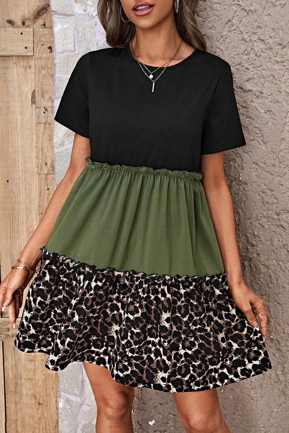 Leopard Round Neck Short Sleeve Dress-Angel Casuals