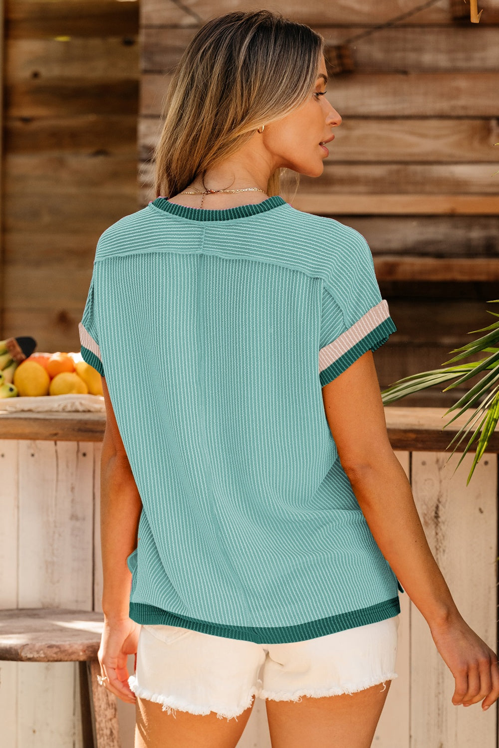 Color Block Round Neck Cap Sleeve T-Shirt-Angel Casuals