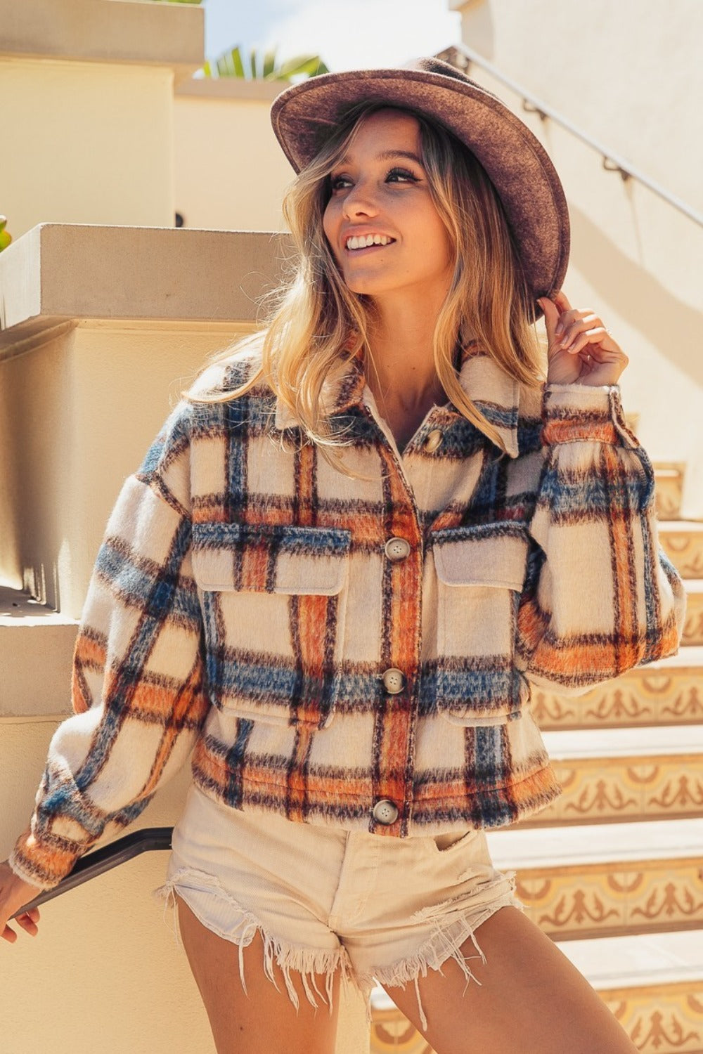 BiBi Brushed Plaid Crop Jacket with Pockets-Angel Casuals