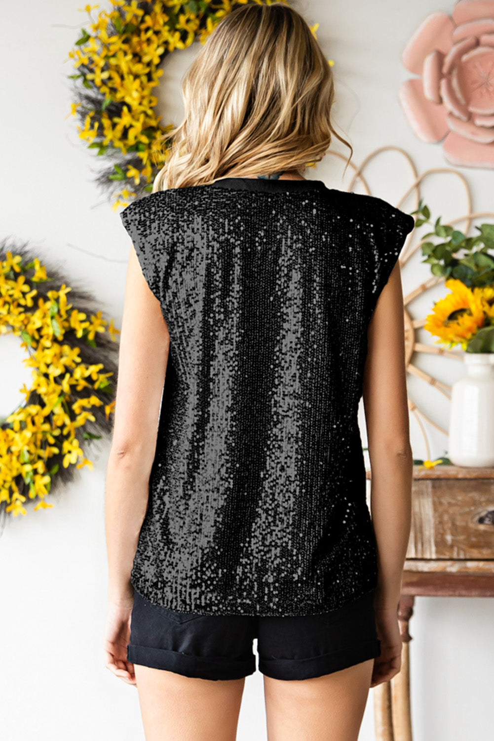 Sequin Round Neck Capped Sleeve Tank-Angel Casuals