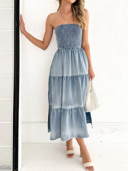 Slit Smocked Tube Tiered Denim Dress-Angel Casuals