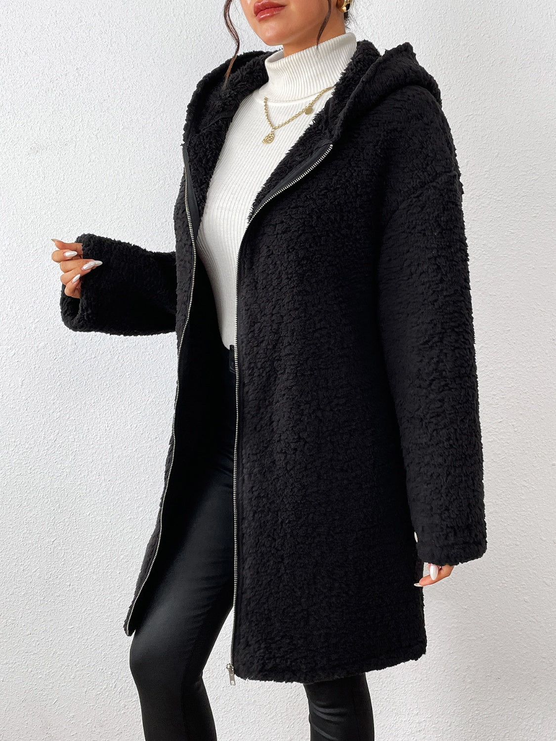 Zip Up Long Sleeve Sherpa Hooded Coat-Angel Casuals