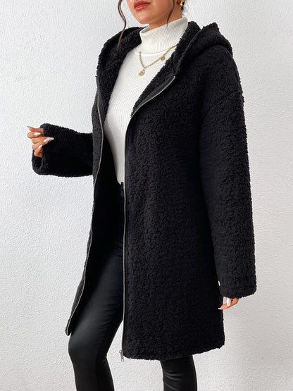Zip Up Long Sleeve Sherpa Hooded Coat-Angel Casuals