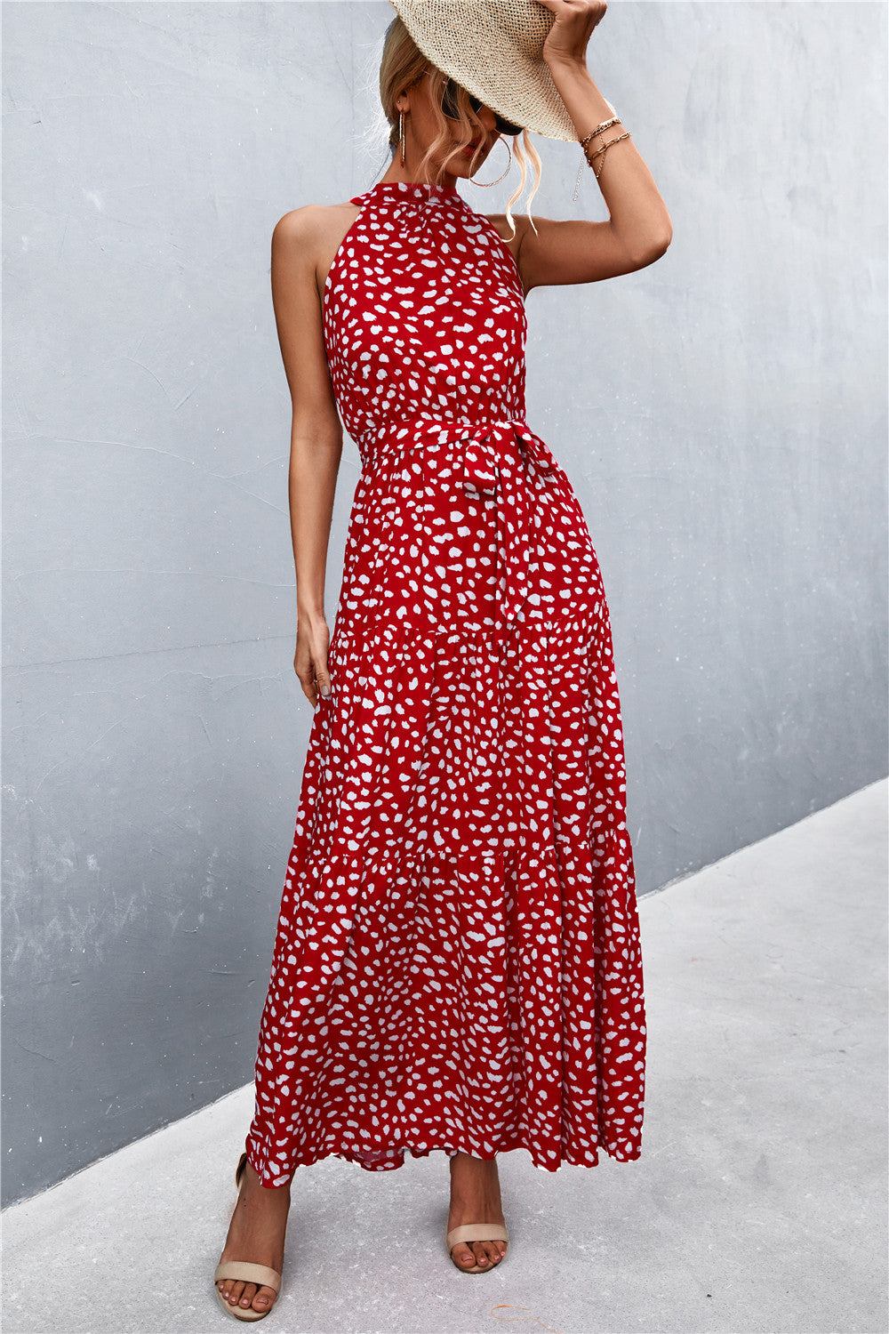 Printed Sleeveless Tie Waist Maxi Dress-Angel Casuals