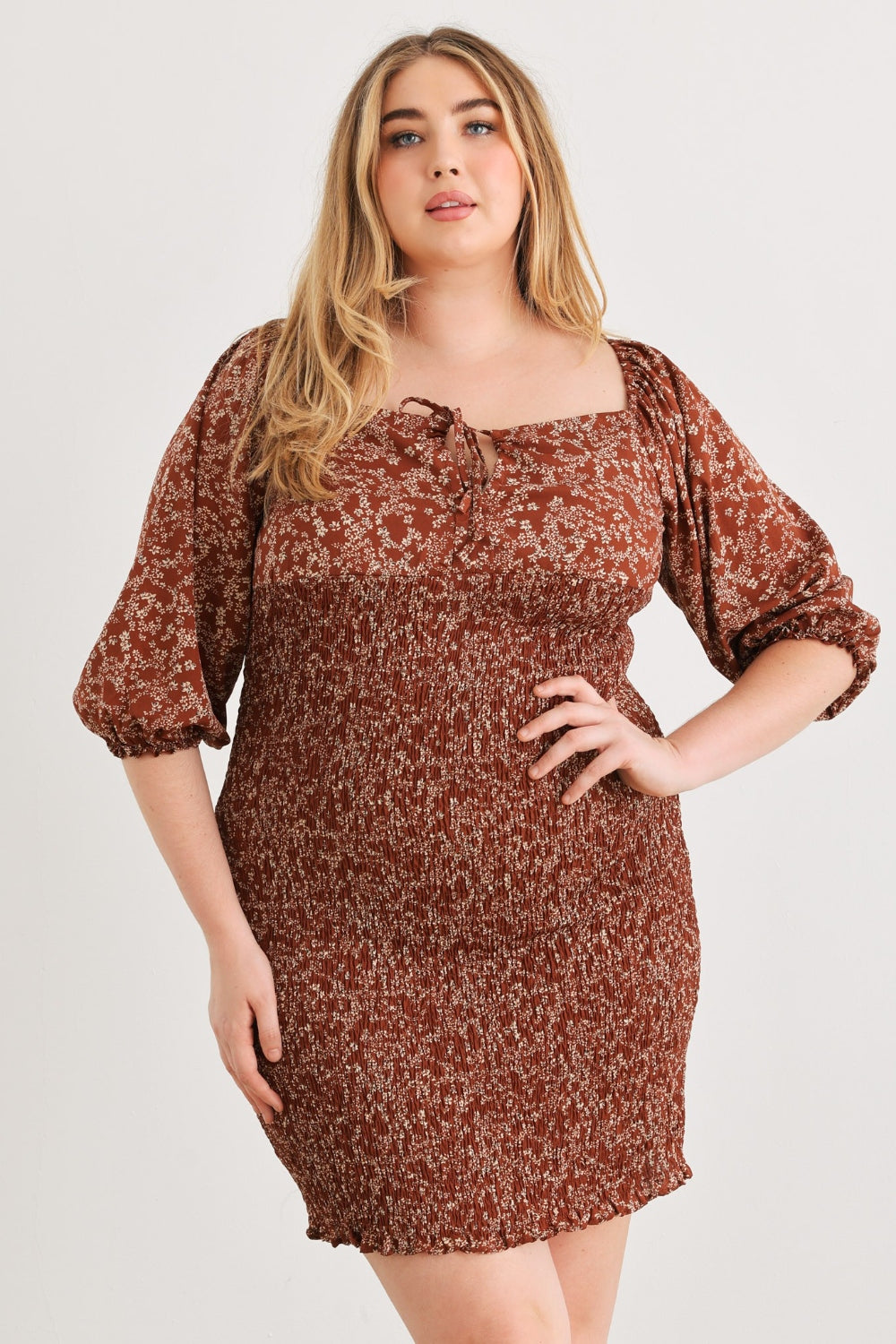 Zenobia Plus Size Smocked Printed Square Neck Mini Dress-Angel Casuals