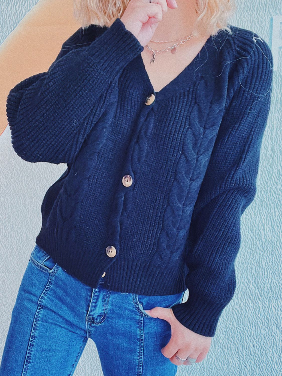 Cable-Knit V-Neck Button Down Long Sleeve Cardigan-Angel Casuals