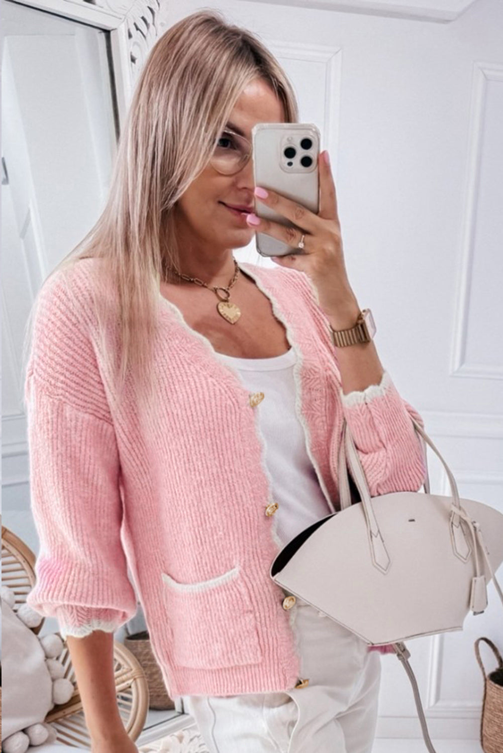 Contrast Trim V-Neck Long Sleeve Cardigan-Angel Casuals