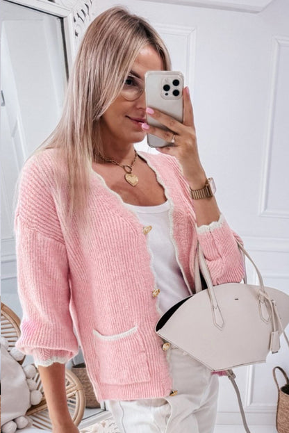 Contrast Trim V-Neck Long Sleeve Cardigan-Angel Casuals