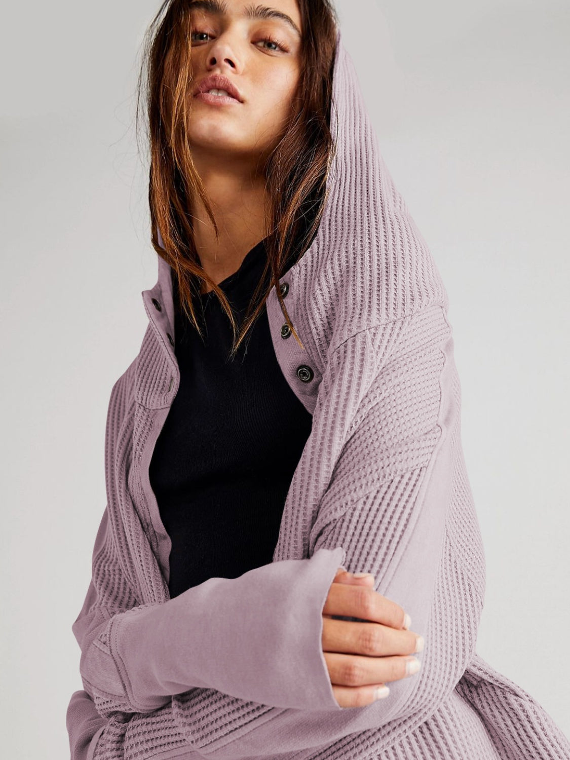 Waffle-Knit Dropped Shoulder Hooded Jacket-Angel Casuals