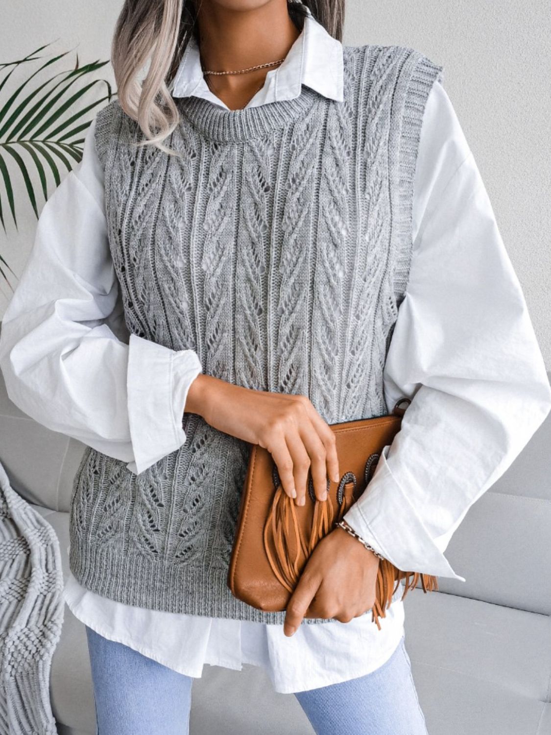 Round Neck Openwork Capped Sleeve Sweater Vest-Angel Casuals