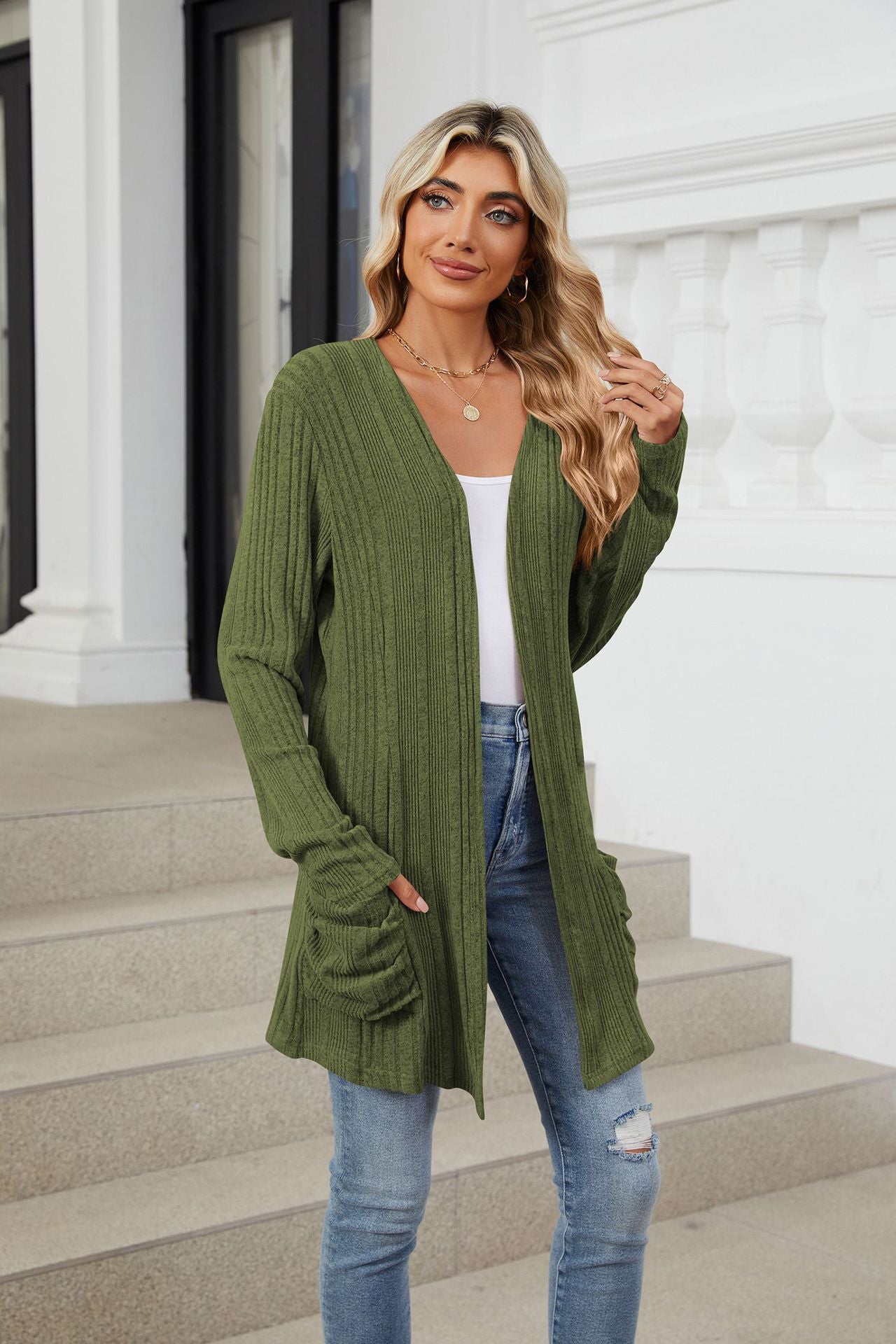 Pocketed Open Front Long Sleeve Cardigan-Angel Casuals