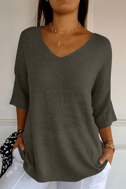 V-Neck Three-Quarter Sleeve Knit Top-Angel Casuals