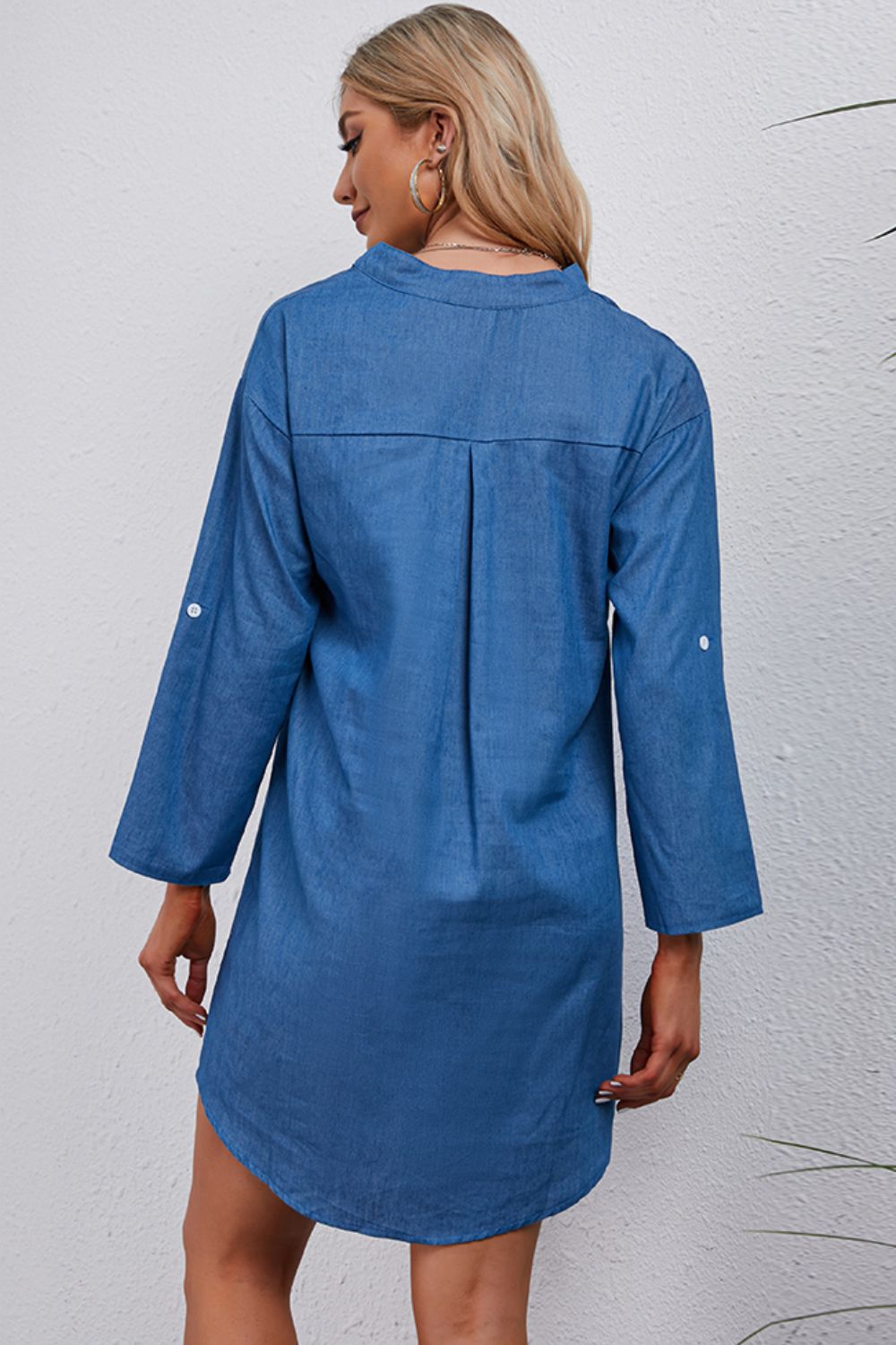 Half-Button Notched Neck High-Low Denim Dress-Angel Casuals