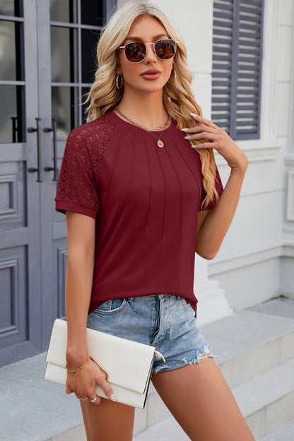 Openwork Round Neck Short Sleeve T-Shirt-Angel Casuals