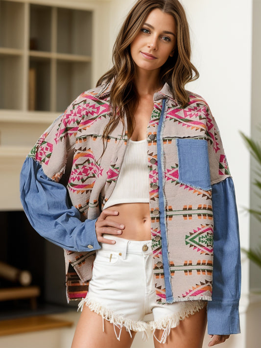 Raw Hem Geometric Collared Neck Shacket-Angel Casuals