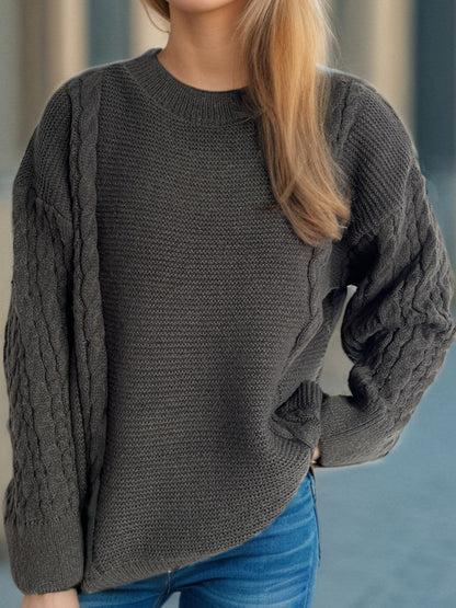 Cable-Knit Round Neck Long Sleeve Sweater-Angel Casuals