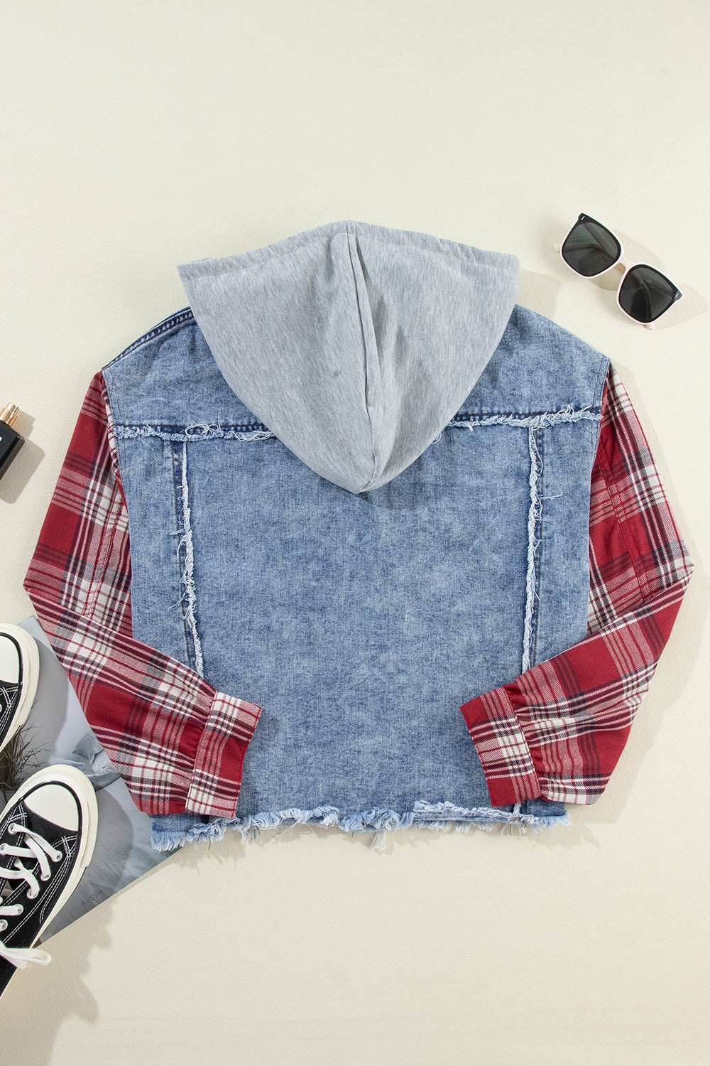 Raw Hem Drawstring Plaid Denim Jacket-Angel Casuals