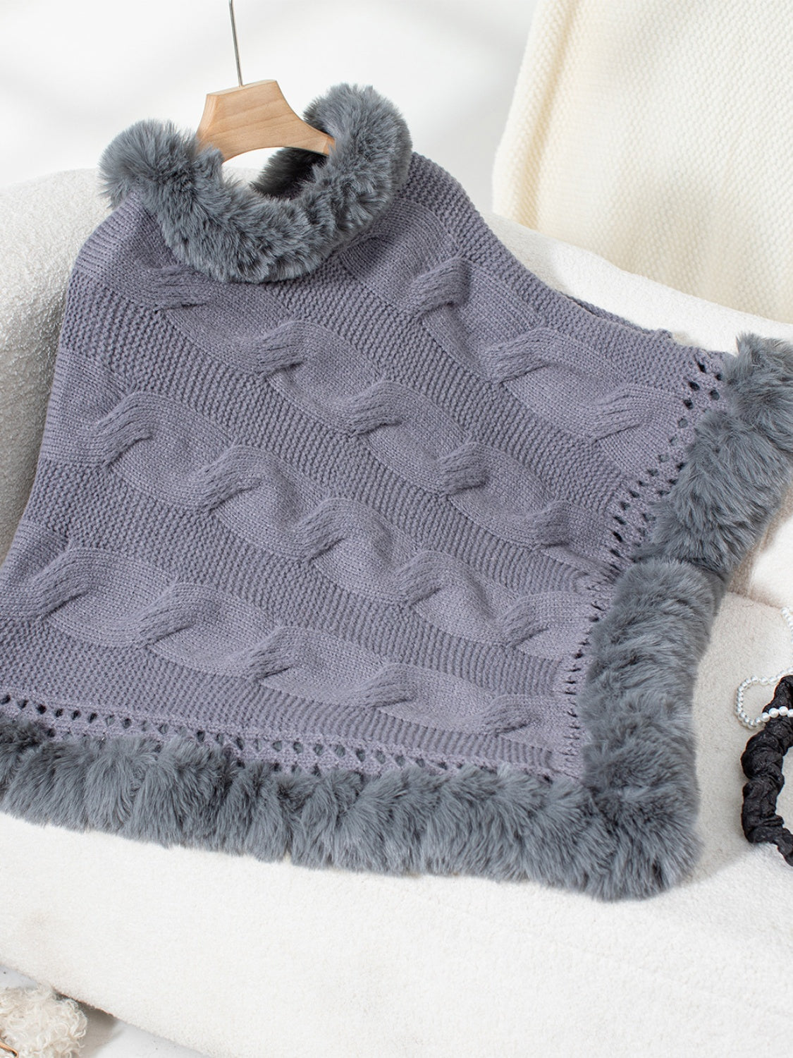 Fuzzy Hem Cable-Knit Poncho-Angel Casuals