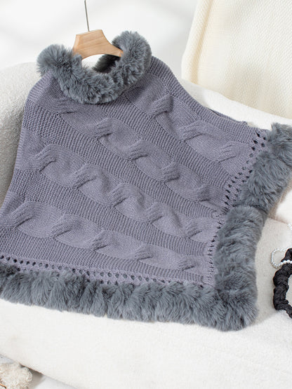 Fuzzy Hem Cable-Knit Poncho-Angel Casuals