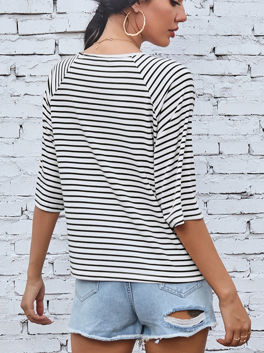 Striped Round Neck Raglan Sleeve T-Shirt-Angel Casuals