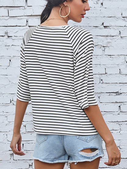 Striped Round Neck Raglan Sleeve T-Shirt-Angel Casuals