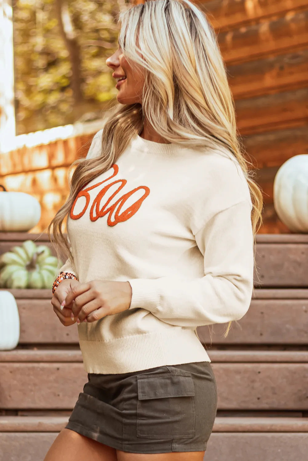 BOO Round Neck Long Sleeve Sweater-Angel Casuals