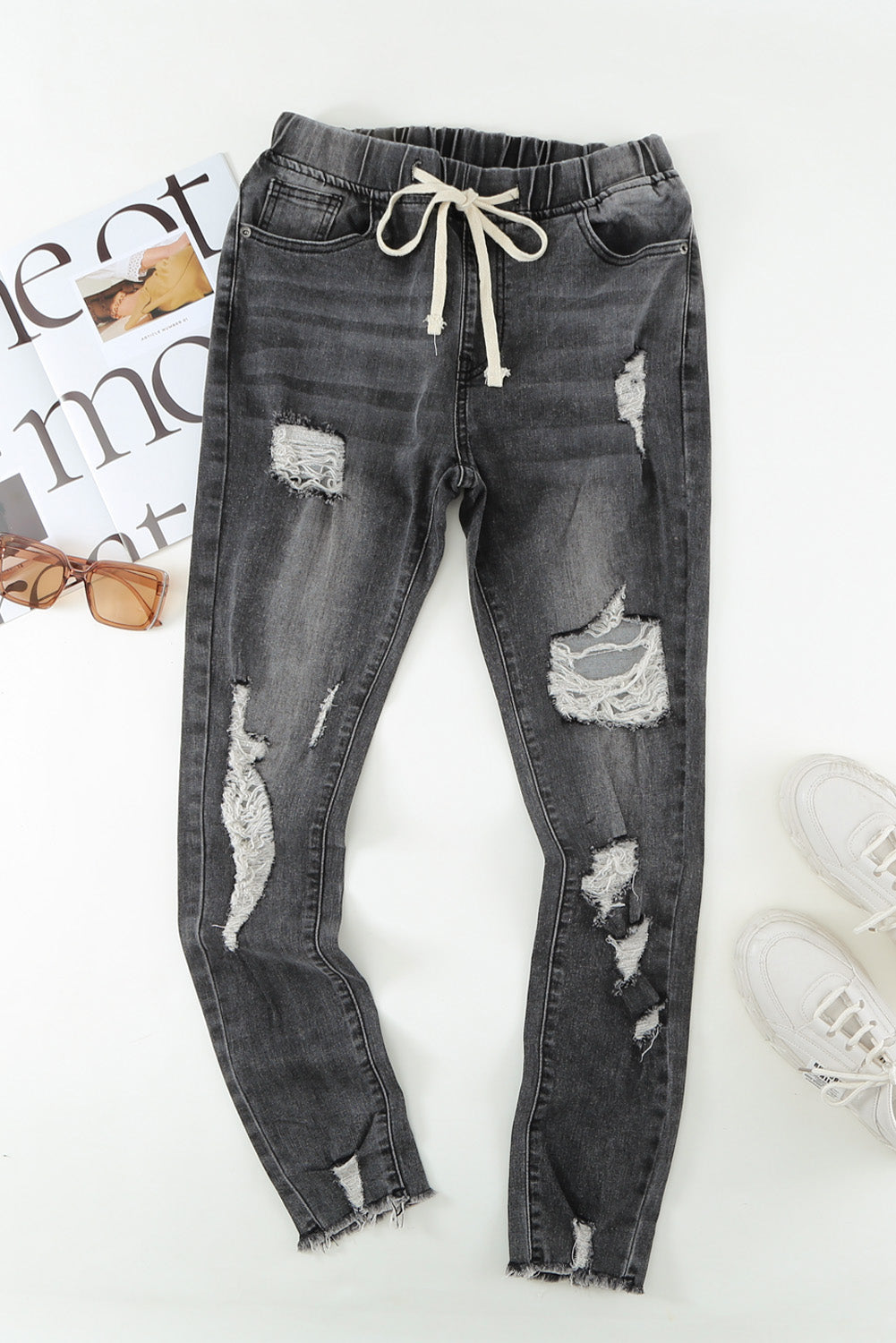 Drawstring Distressed Raw Hem Jeans with Pockets-Angel Casuals