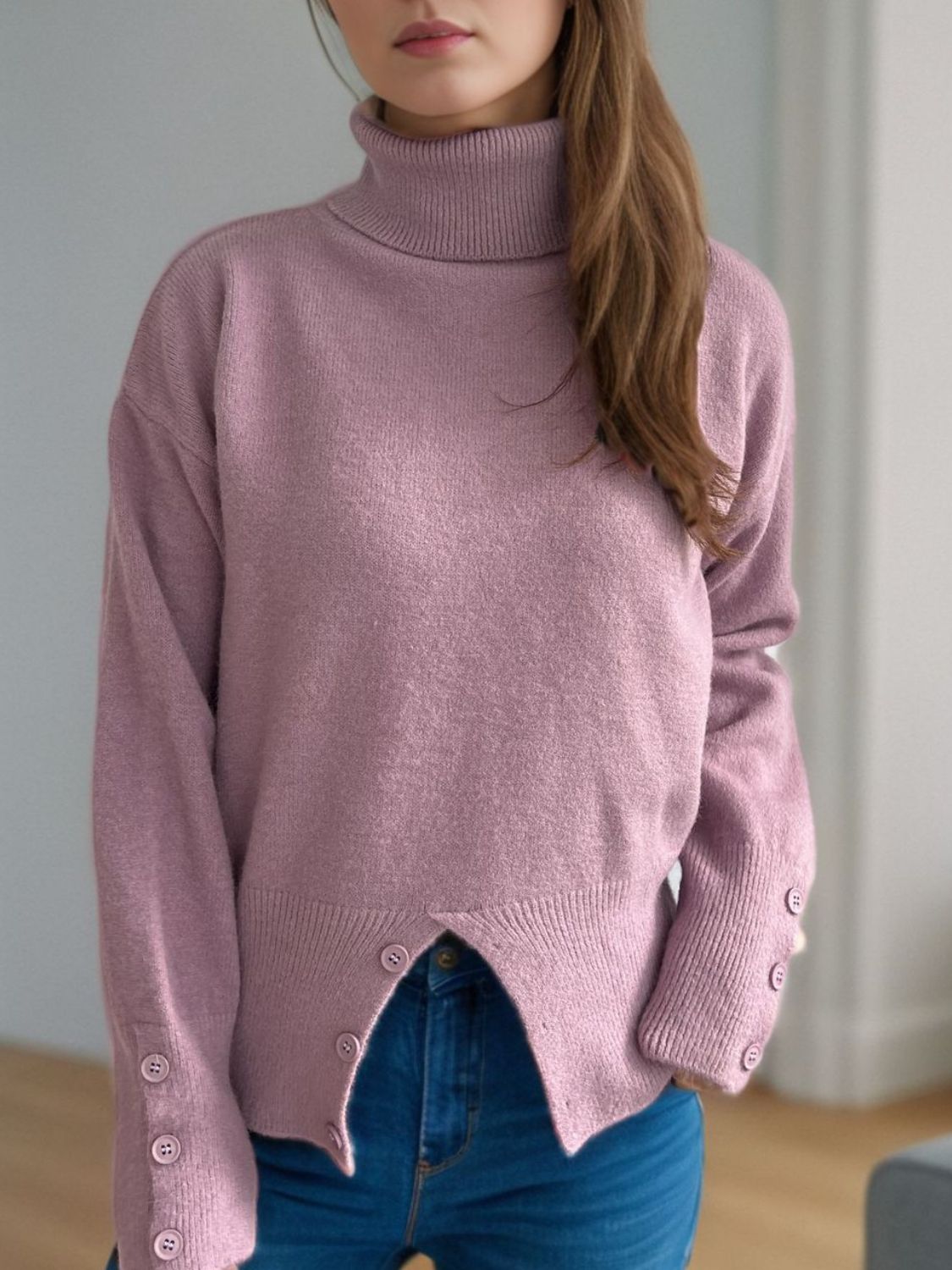 Front Slit Decorative Button Turtleneck Sweater-Angel Casuals