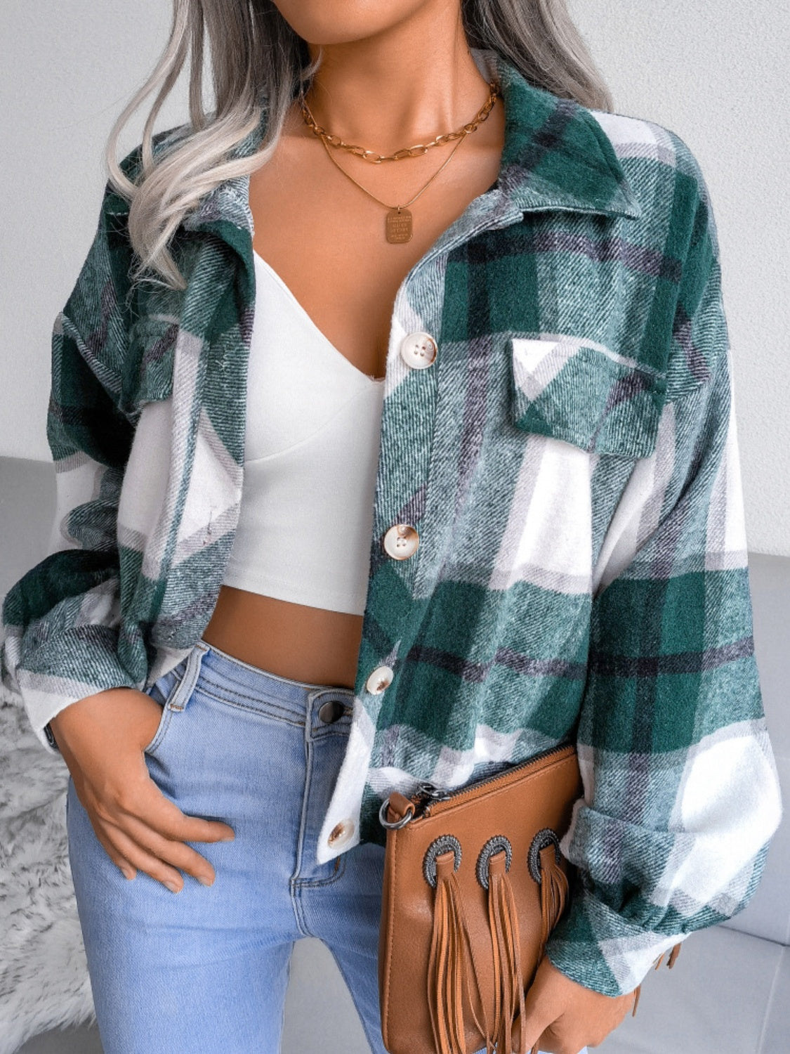 Plaid Collared Neck Long Sleeve Jacket-Angel Casuals