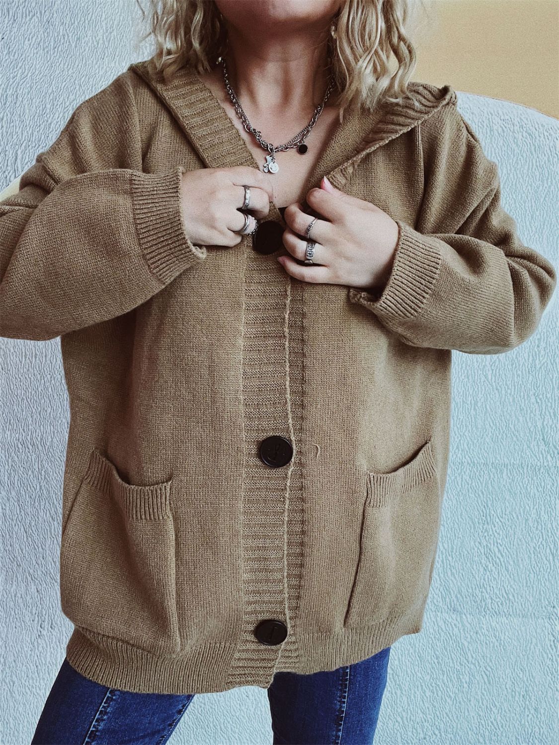 Dropped Shoulder Long Sleeve Hooded Cardigan-Angel Casuals