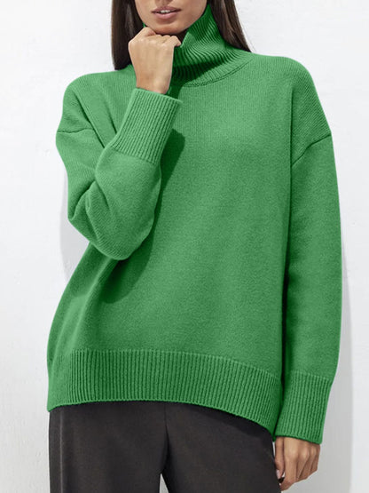 Turtleneck Drop Shoulder Long Sleeve Sweater-Angel Casuals