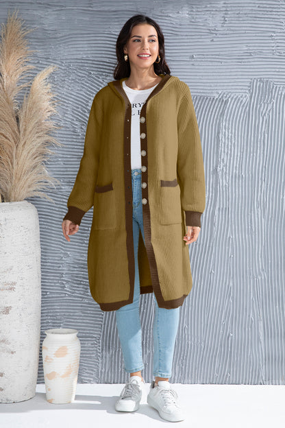 Button Up Contrast Trim Hooded Cardigan-Angel Casuals