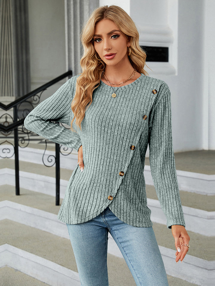 Round Neck Ribbed Button Detail Blouse-Angel Casuals